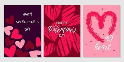 jeu de cartes de voeux saint valentin. coeur de dessin animé à la mode dessiné à la main, lettrage d'amour. illustration vectorielle vecteur