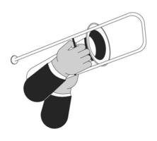 en portant trombone dessin animé Humain main contour illustration. en jouant orchestre musical instrument 2d isolé noir et blanc vecteur image. performant vibration du son plat monochromatique dessin agrafe art