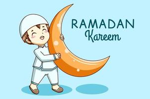 garçon musulman mignon avec illustration de dessin animé de ramadan mubarak de la lune vecteur