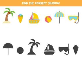 trouver les ombres correctes des articles d'été. puzzle logique pour les enfants. vecteur