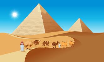 Scène de désert avec des chameaux et des gens vecteur