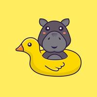 hippopotame mignon avec bouée canard. concept de dessin animé animal. vecteur