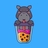hippopotame mignon buvant du thé au lait boba. concept de dessin animé animal. vecteur