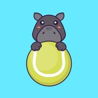 hippopotame mignon jouant au tennis. concept de dessin animé animal. vecteur