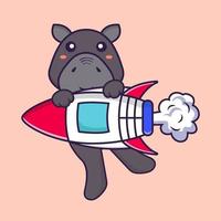 hippopotame mignon volant sur fusée. concept de dessin animé animal. vecteur