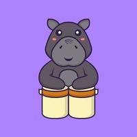 hippopotame mignon joue de la batterie. concept de dessin animé animal. vecteur