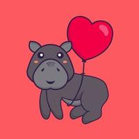 hippopotame mignon volant avec des ballons en forme d'amour. vecteur