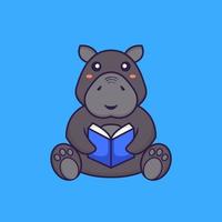 hippopotame mignon lisant un livre. concept de dessin animé animal. vecteur