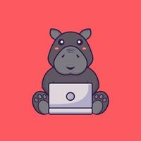 hippopotame mignon utilisant un ordinateur portable. concept de dessin animé animal. vecteur