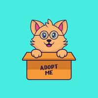 chat mignon dans une boîte avec une affiche adoptez-moi. vecteur