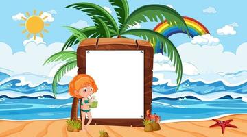enfants en vacances à la plage, scène de jour avec une bannière vide vecteur