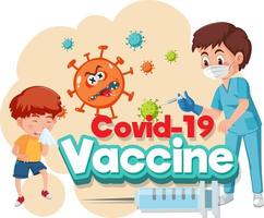 personnage de dessin animé de médecin et d'enfant patient avec police de vaccin covid-19 vecteur