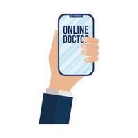 main tenant le smartphone avec la conception de vecteur de texte médecin en ligne