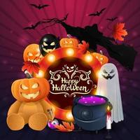 joyeux halloween, carte postale violet vif avec un fantôme, citrouille jack, ballons, guirlande, ours en peluche et épouvantail vecteur