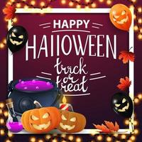 joyeux halloween, trick or treat, carte postale de voeux carré violet avec cadre, ballons d'halloween, feuilles d'automne, guirlande, chaudron de sorcière et citrouille jack vecteur