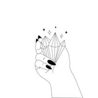 femme main en portant cristal, boho occulte la magie illustration dans minimaliste linéaire style sur blanc Contexte vecteur