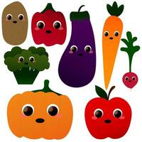 ensemble de mignonne des légumes personnages - aubergine, un radis, pomme de terre, citrouille, carotte, poivre, brocoli et Pomme vecteur