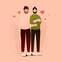 charmant gay couple en portant peu nouveau née fille, homosexuel famille, lgbt couple avec enfant, Valentin ou les pères journée salutation carte dans dessin animé style, content paternité, bébé adopter vecteur