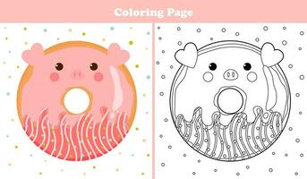 imprimable coloration page pour des gamins avec sucré porc forme Donut avec glaçage et Chocolat dans dessin animé style, Jeu pour les enfants livres vecteur