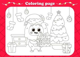 mignonne coloration page avec kawaii yéti ou bigfoot en portant grand cadeau boîte vecteur