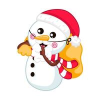 mignonne bonhomme de neige personnage dans Père Noël claus costume en portant Noël sac avec cadeau des boites dans dessin animé style vecteur