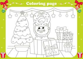 mignonne coloration page avec kawaii bonhomme de neige séance dans cadeau boîte et en portant Noël couronne vecteur