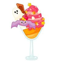 savoureux kawaii la glace crème dans verre avec fantôme et chauve souris avec crème dessin animé pour Halloween vecteur