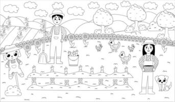 imprimable noir et blanc coloration page avec agriculteur garçon creusement et fille en portant panier, récolte de carottes et épouvantail, agriculture à thème puzzle pour des gamins vecteur