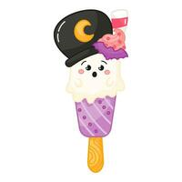 savoureux kawaii fantôme en forme de la glace crème sur bâton avec chaudron sur tête et crème avec chauve souris dessin animé pour Halloween vecteur
