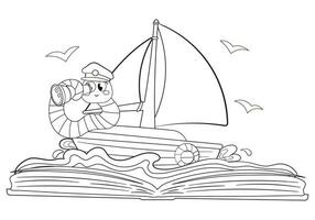 coloration page avec mignonne rat de bibliothèque voile dans bateau explorant océan vecteur