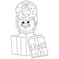 mignonne coloration page avec kawaii Noël bonhomme de neige séance dans cadeau boîte avec Noël couronne vecteur