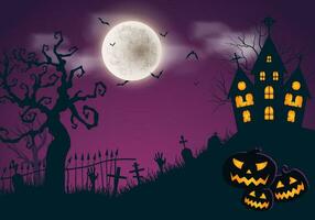 cimetière dans colline. Halloween Contexte avec mort des arbres plein lune chauves-souris pierre tombale et château. violet modèle vecteur