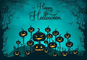 Halloween Contexte avec embrasé citrouilles dans une effrayant paysage et terrifiant mort sans feuilles arbre vecteur