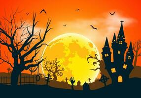 Halloween Contexte de terrifiant nuit paysage avec mort arbre et plein lune sur rouge ciel vecteur