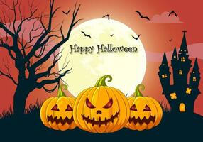 Halloween Contexte avec Halloween effrayant citrouilles plein lune et hanté maison avec terrifiant arbre vecteur