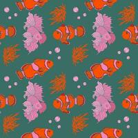 main tiré pitre poisson, rose poisson et coraux sans couture modèle. texturé lino Couper style été des illustrations toile de fond. espiègle mignonne Orange et vert élégant fond d'écran. vecteur