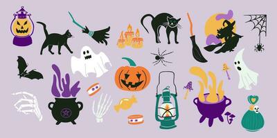 Halloween fête décoration minimaliste clipart. vecteur plat isolé des illustrations pour vacances décoration. vacances main tiré symboles. bien pour autocollants, décoration, social médias graphique