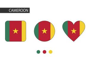 Cameroun 3 formes carré, cercle, cœur avec ville drapeau. isolé sur blanc Contexte. vecteur