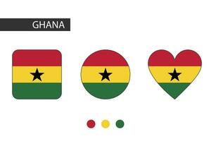 Ghana 3 formes carré, cercle, cœur avec ville drapeau. isolé sur blanc Contexte. vecteur