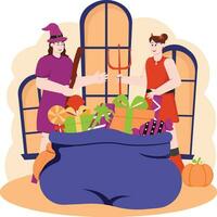 deux femmes en train de préparer Halloween fête cadeaux illustration vecteur