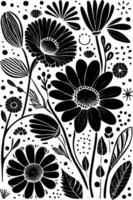 abstrait noir et blanc monochromatique dessiné à la main fleurs texture modèle griffonnage vecteur illustration