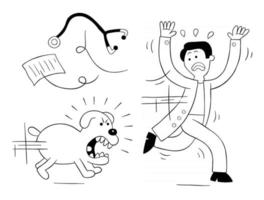 chien de dessin animé est très en colère et poursuit le vétérinaire, illustration vectorielle vecteur