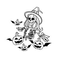 sorcière femme crâne en jouant avec en volant citrouille sur Halloween nuit vecteur
