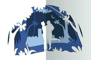 papercut art, couple romance dans forêt vecteur illustration