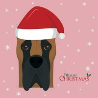 Noël salutation carte. génial Danois chien avec rouge Père Noël chapeau vecteur