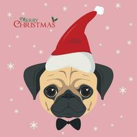 Noël salutation carte. carlin chien avec rouge Père Noël chapeau vecteur