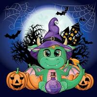 mignonne dessin animé vert dragon dans une violet la magie chapeau, Halloween. citrouille, potion, balai. symbole de 2024 selon à le chinois calendrier vecteur