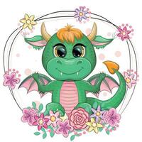 mignonne dessin animé vert bébé dragon avec cornes et ailes. symbole de 2024 selon à le chinois calendrier. marrant mythique monstre reptile vecteur