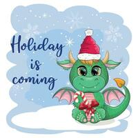 mignonne dessin animé vert dragon dans Père Noël chapeau. 2024 Nouveau année, chinois calendrier vecteur