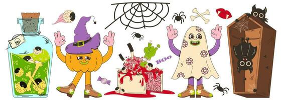 ensemble de éléments pour Halloween dans rétro dessin animé style. vecteur personnage illustration de citrouille, fantôme, zombi nourriture, gâteau, potion avec yeux, cercueil avec chauve souris et autre éléments.